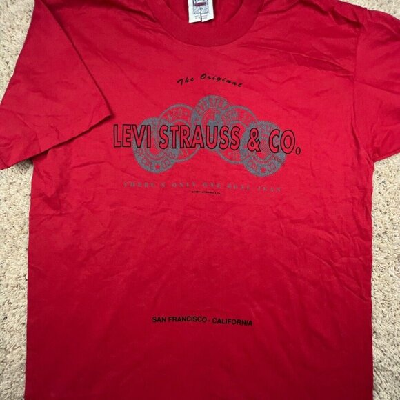 VTG 1993 Levi Strauss & Co Only One Real Jean California Graphic T Red Large USA - Picture 1 of 12